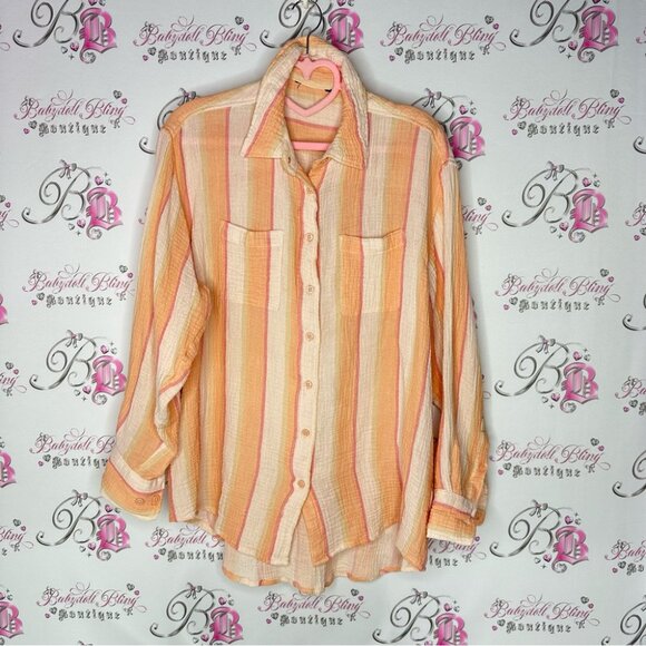 Button up creamsicle striped cream orange soft buttery top comfy oversized - Picture 4 of 11